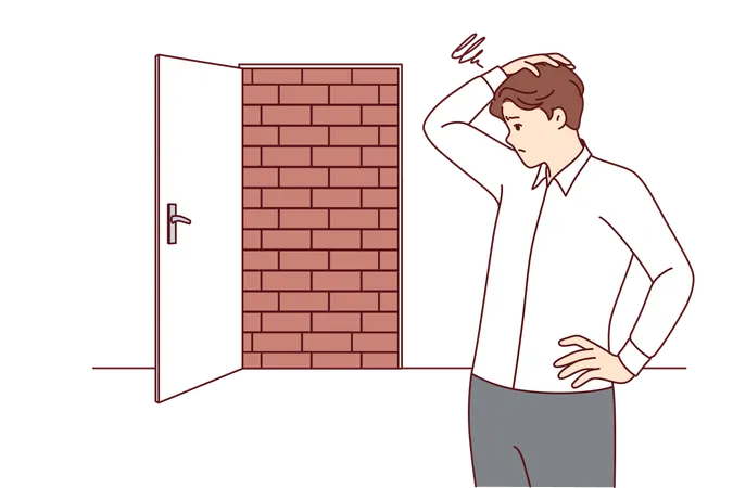 Businessman is at dead end looking for way to situation standing near door blocked with bricks  イラスト