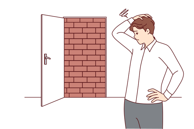 Businessman is at dead end looking for way to situation standing near door blocked with bricks  Illustration