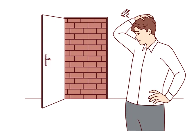 Businessman is at dead end looking for way to situation standing near door blocked with bricks  Illustration