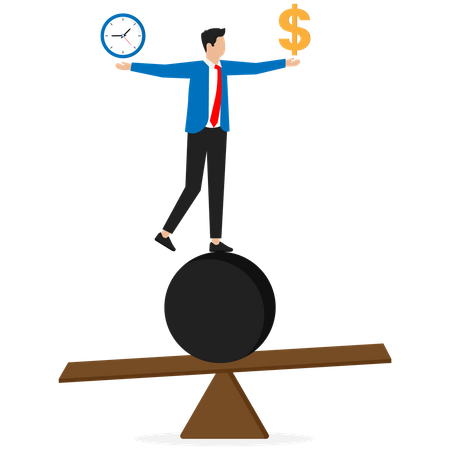 Businessman is balancing between finance and time  Illustration