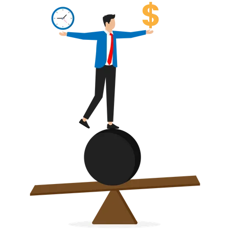 Businessman is balancing between finance and time  Illustration