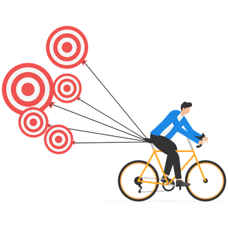 Businessman is carrying multiple goals on bicycle  Illustration