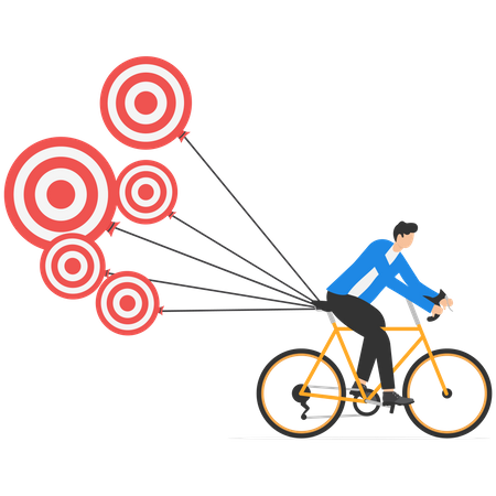 Businessman is carrying multiple goals on bicycle  Illustration