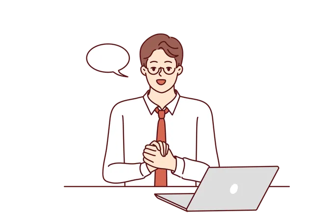 Confident Businessman Is Sitting At Table With Laptop And Looking At Camera Recording Business Training Guy In Business Clothes With Dialogue Cloud Works As Teacher Online Training Courses イラスト