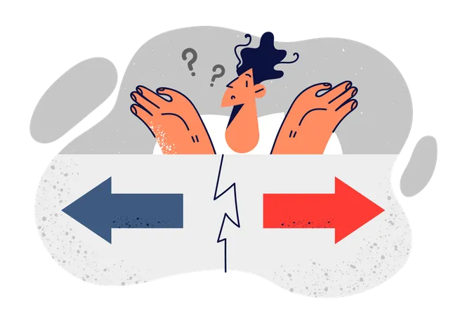 Embarrassed Man Spreads Arms And Tries To Make Decision Standing Near Two Arrows Pointing In Different Directions Metaphor Crossroads When Drawing Up Plan And Need To Urgently Take Decision Illustration