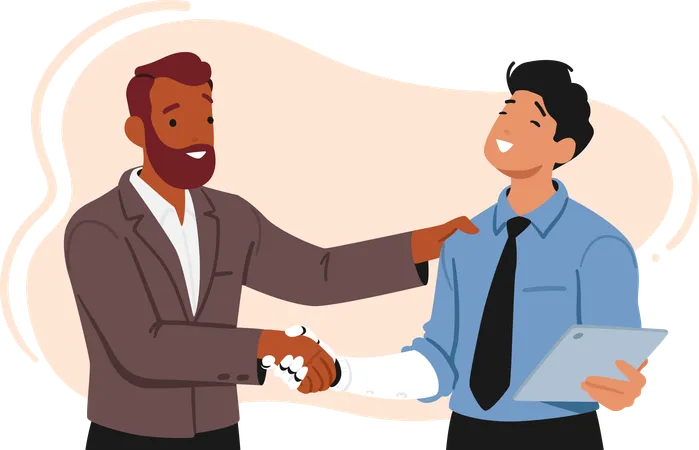 Disabled Male Character With A Hand Prosthesis Confidently Extends His Arm For A Handshake Exchanging A Meaningful Greeting With His Supportive Colleague In Office Cartoon People Vector Illustration Illustration