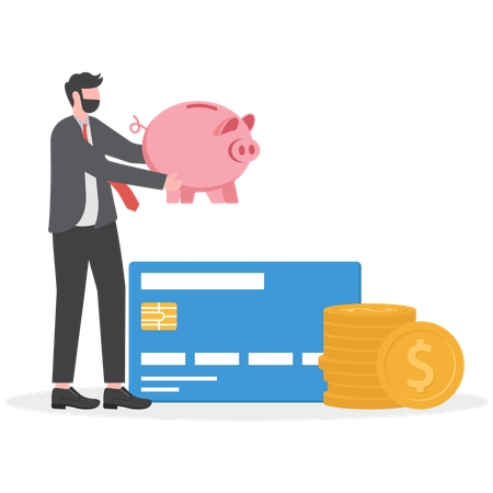 Businessman is depositing money in piggy bank  Illustration