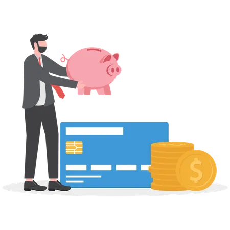 Businessman is depositing money in piggy bank  Illustration