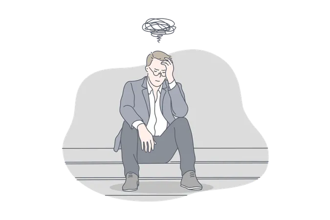 Busines Depression Stress Problem Work Concept Young Exhausted Nervous Thoughtful Businessman Has Work Problem And Got Depression Work May Cause Raise Of Stress Level Simple Flat Vector Illustration