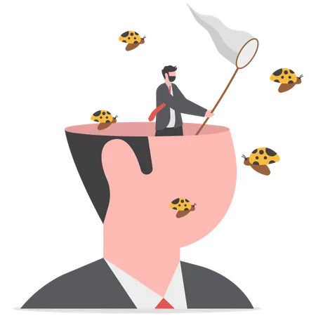 Distraction Social Media Or Environment That Disturb And Cannot Focus On Work Unproductive Lifestyle Concept Human Head With Himself Losing Focus And Attention Distracted By Bugs Flying Around Illustration