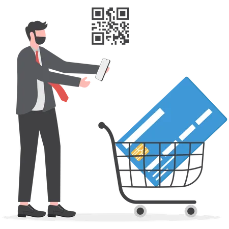 Businessman Online Shopping By Card With Scan QR Code Concept Illustration