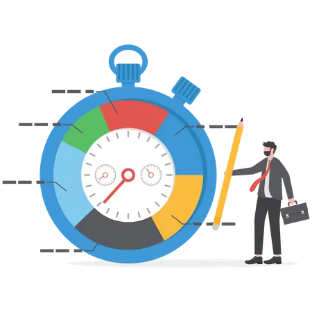 Time Tracking System Or Time Management To Manage Project Or Productivity Evaluate Efficiency Or Project Resources Planning Concept Business Man Stand With Stop Watch Timer Time Spend Pie Chart Illustration