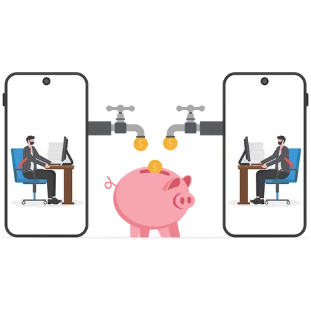 Two Businesses Sitting In Laptop Mobile With Made Coins Working Passive Income Concept Illustration