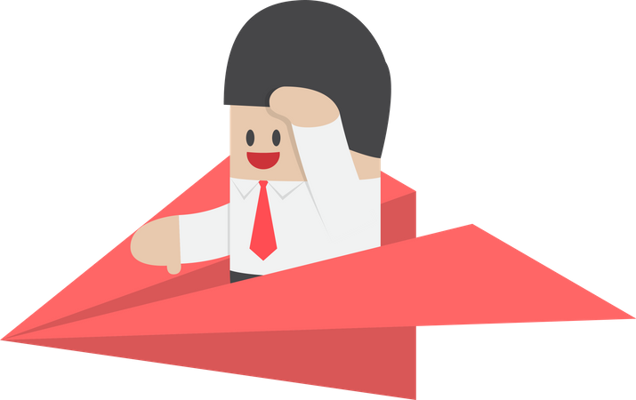 Businessman is flying on paper airplane and looking forward Illustration