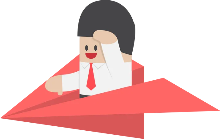 Businessman Is Flying On Paper Airplane And Looking Forward VECTOR EPS 10 Illustration