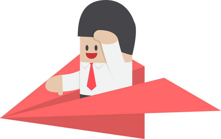 Businessman is flying on paper airplane and looking forward  Illustration