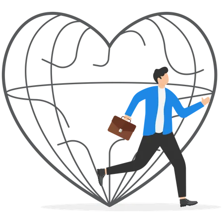 Freed Businessman Came Out The Cage Big Heart Shape Escape From The Prison Of Family Problem Marriage Difficulties Problem Divorce Or Violence Vector Illustration Illustration