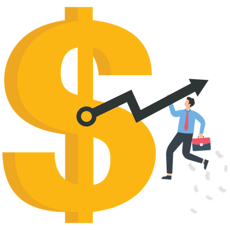 Businessman is hanging on the dollar's pointer  Illustration