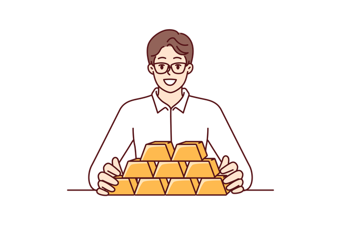 Businessman is investing wealth in gold bars  イラスト