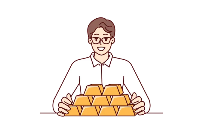 Businessman With Gold Bars Sitting At Table And Smiling Looking At Camera For Precious Metals Investment Man Investor With Gold Bars Avoiding Inflation And Symbolizing Diversification Of Assets Illustration