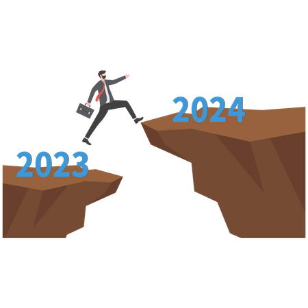 Businessman is jumping high across two cliffs to change year  Illustration