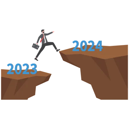 Businessman Is Jumping High Across Two Cliffs To Change Year Change Year 2023 To 2024 Vector Illustration Illustration