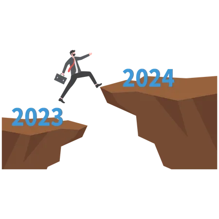 Businessman is jumping high across two cliffs to change year  Illustration