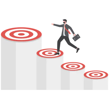 Businessman is jumping on target pillars to achieve his goals  Illustration