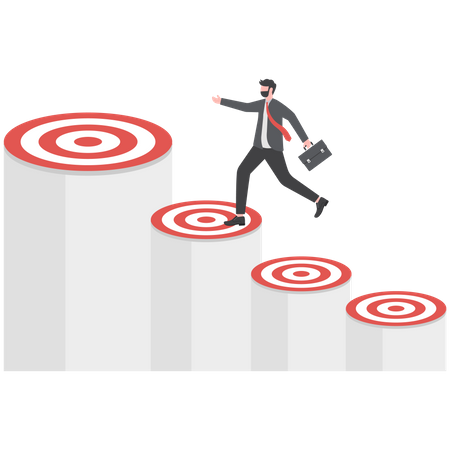 Businessman is jumping on target pillars to achieve his goals  Illustration