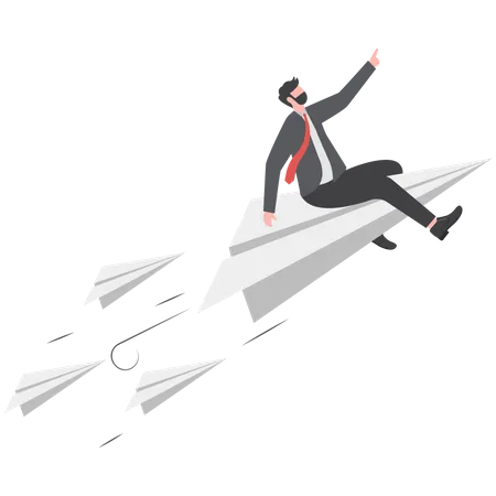 Businessman Flying UP With Paper Plane New Startup Growth And Progress Concept Illustration