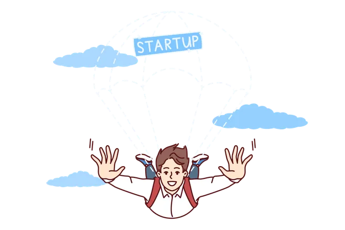 Business Man With Parachute From Startup Inscription Flies In Sky Demonstrating Willingness To Take Risks To Launch Own Company Successful Guy Shows Courage And Ambition By Organizing Startup Illustration