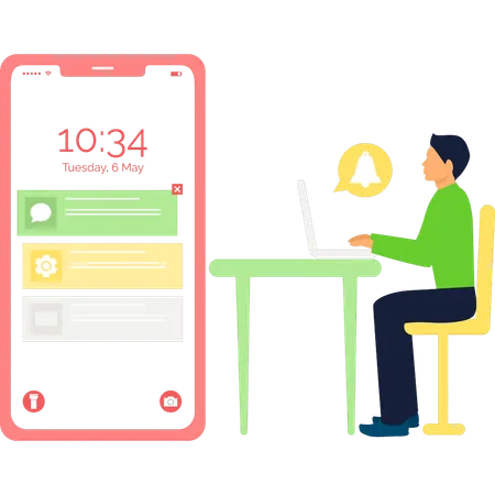 Boy Is Looking At Notifications On Mobile Illustration