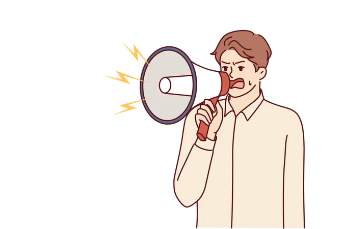 Angry Businessman With Megaphone Yells At Employees Due To Lack Of Management Skills Nervous Businessman Making Announcements Over Gramophone To Urge Colleagues To Complete Task Before Deadline Illustration