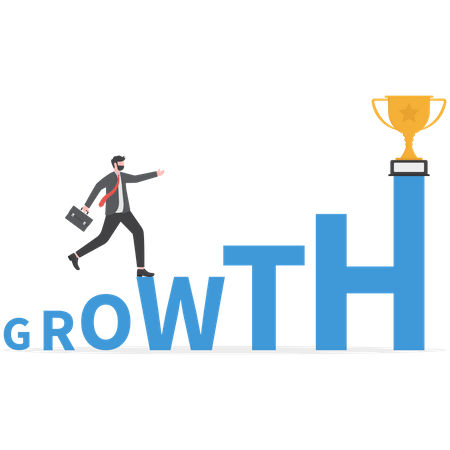 Businessman is marching towards growth trophy  Illustration