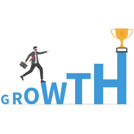 Businessman is marching towards growth trophy  Illustration