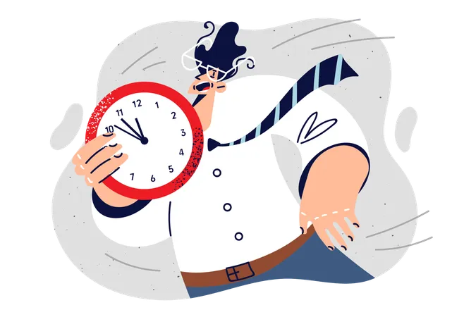 Nervous Man Is Afraid To Miss Deadlines And Holds Clock In Hand Shouting Motivational Speeches For Employees Hurried Businessman Reminds About Deadlines And Need To Complete Work Before End Of Day Illustration