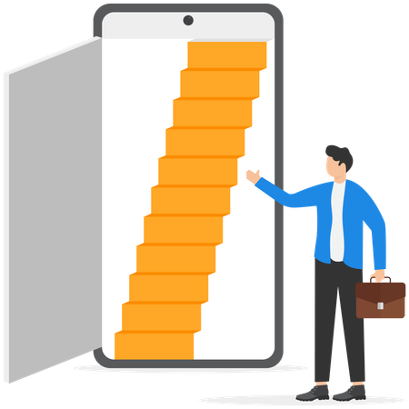 Businessman is opening door towards opportunity ladder  Illustration