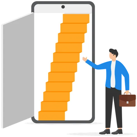 Businessman is opening door towards opportunity ladder  Illustration