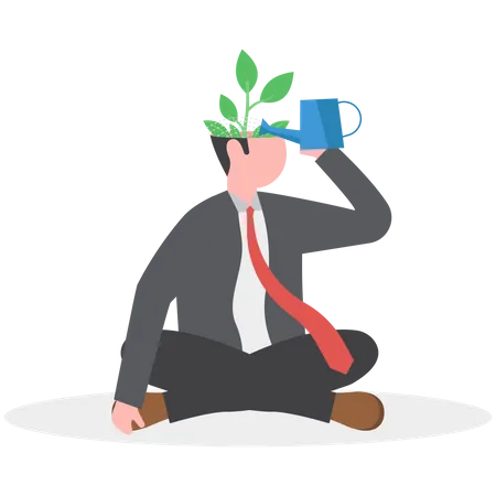 Growth Mindset Business Man Watering Plant On His Head With Watering Can Thinking Positive Symbolizes A Happy Idea Flat Vector Illustration Illustration