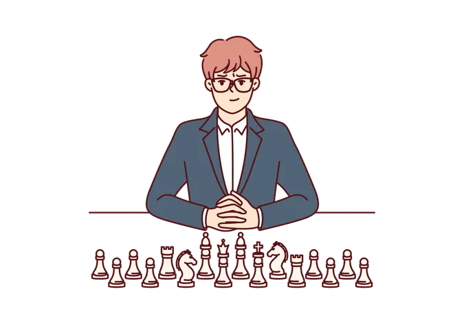 Businessman With Chess Pieces Sits At Table And Looks At Screen For Concept Of Strategic Planning In Business Man Ceo Of Large Corporation Near Chess Symbolizing Mind And Strategic Thinking Illustration