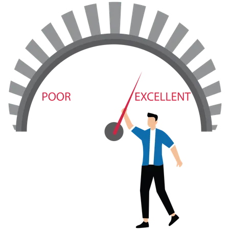 Businessman is pointing to change quality level indicator scale from poor to excellent  Illustration