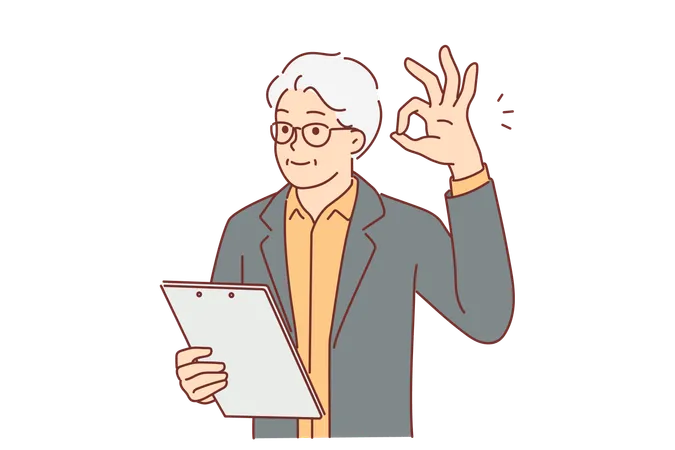Elderly Businessman Showing OK Gesture And Holding Clipboard Checking Work Of Subordinates Or Contractors Gray Haired Man Making Affirmative OK Sign With Fingers Demonstrating Approval Of Plan Illustration