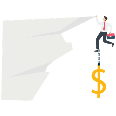 Businessman is pulled down cliff by huge dollar  Illustration