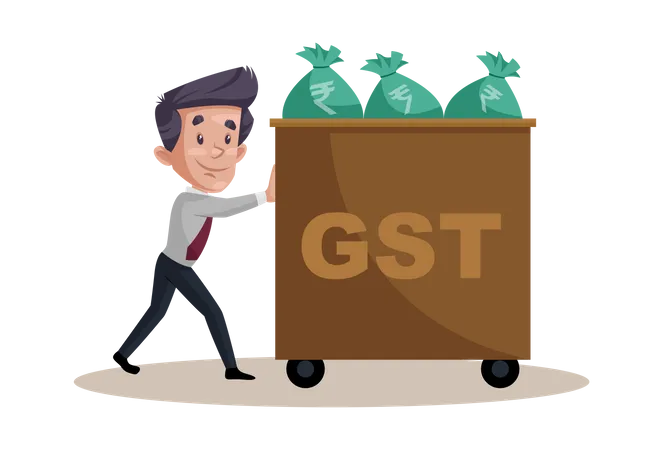 Businessman is pushing a GST money bags trolley  Illustration