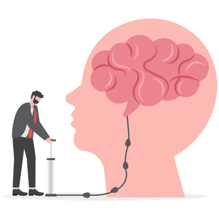A Businessman Is Pumping Balloon Brain Sign On Big Head Human Vector Vector Illustration Flat Design Illustration