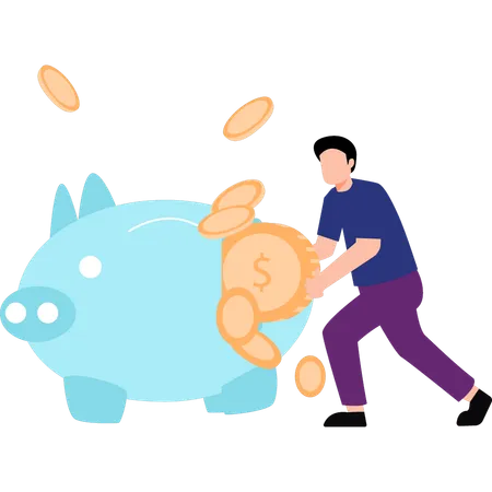 A Boy Saves Dollar Coins In A Piggy Bank Illustration