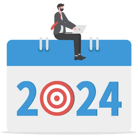 A Calendar Plan Goal 2024 A Businessman Tears Off A Calendar Sheet Of The Outgoing Year Partying With Coming Year Vector Illustration Flat Design Illustration