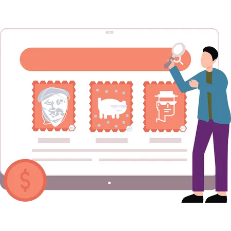 Businessman is searching postal stamps  Illustration