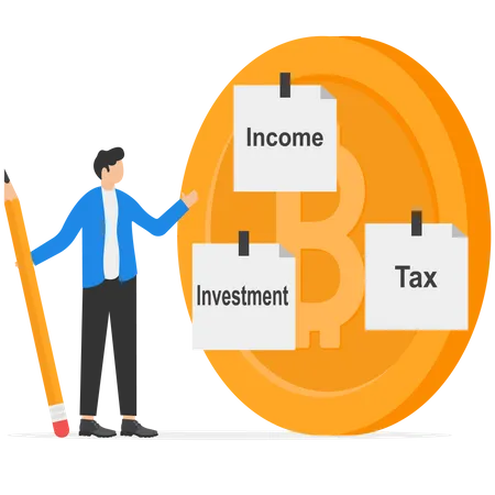 Businessman Is Splitting His Expenses From Giant Gold Bitcoin Income Investment Income After Tax Flat Vector Illustration Illustration