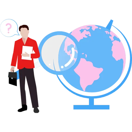 Businessman is standing near globe table  Illustration